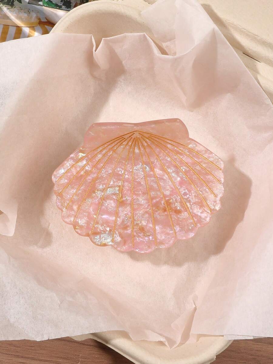 1个粉色金属条纹珠光贝壳形发爪夹,打造皇冠发型,法式浪漫海洋度假风,奢华优雅下午茶沙滩野餐派对发饰,夏季服装发夹,节日,生日 - 彩色 - 查看 1