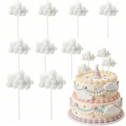 1/10pcs Cloud Cake Decorations, Cute Cloud Cupcake Toppers, Dessert Decorative Picks, Pom Pom Cake Decor, Suitable For Baby Shower, Birthday Party, Wedding