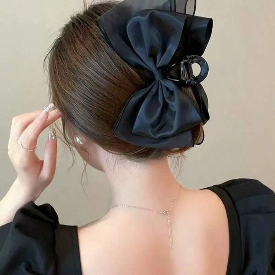 1 chiếc kẹp tóc lớn bằng lưới satin ngọt ngào, đa năng, thích hợp cho công sở, mùa hè, kỳ nghỉ, du lịch. - màu đen - Xem 1