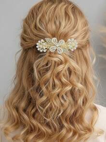 1pc Luxury Elegant Spring Loaded Hair Clip, Pearl Bow Flower Clover Pattern, For Casual Updo Hairstyle - Multicolor - View 1