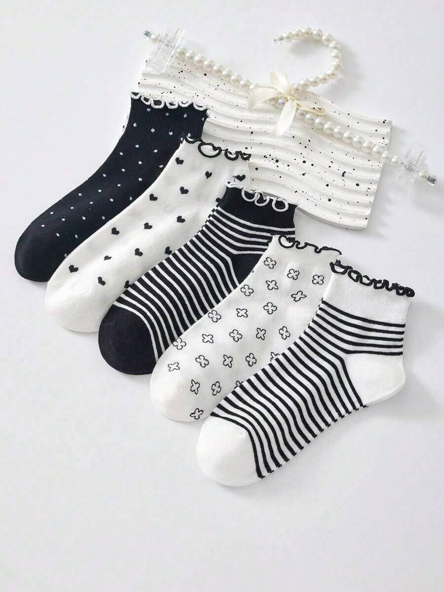 5/10 Pairs Women's Ruffled White & Black Short Socks, Heart Stripe Spot Patterns Elegant Style Ankle Socks, Suitable For All Seasons - Multicolor - View 1