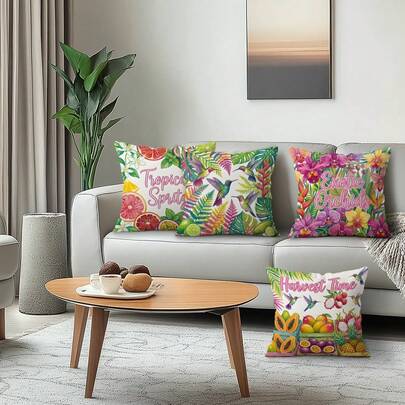 4件套鲜艳热带水果花卉印花天鹅绒抱枕套，100%涤纶，适用于客厅、沙发、卧室装饰，不含枕芯，尺寸分别为40x40厘米/45x45厘米/50x50厘米