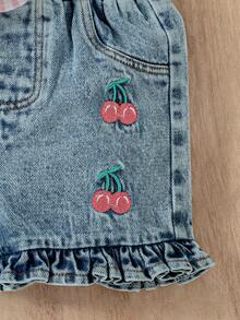 Baby Girls 6M-3T Outfit, Baby Cami Set, Striped 2-Piece, Denim Shorts Set, Casual Denim Co-Ord, Cherry Embroidered Outfit, Breathable Daily Photo - Pink - View 12