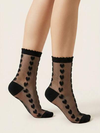 1/2 Pairs Women's Black Transparent Crew Socks, Ultra-Thin Glass Silk Crystal Socks, Sweet Korean Style Lace Trim, Comfortable Breathable, Ideal Gift For Mother's Day, Daily Wear And Casual Outings For Mother, Daughter, Girlfriend