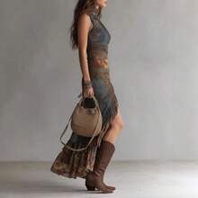 2026 New Vintage Patchwork Print Asymmetrical Long Dress Slim Fit High Slit Dress - 印花色 - 查看 4