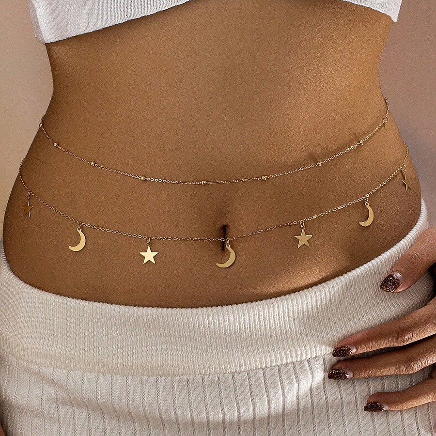 2件套简约星月吊坠串珠金链腰链套装，适合夏季沙滩比基尼搭配，度假、假日完美礼物 - 金色 - 查看 1