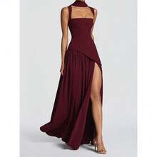 Summer New Women's Fashion Elegant Temperament Long Dress With Slit, Sexy Strap, Solid Color Pleated Gown, Evening Party Date Dress For Women Summer Dresses For Women - Màu Đỏ Sâu - Xem 1
