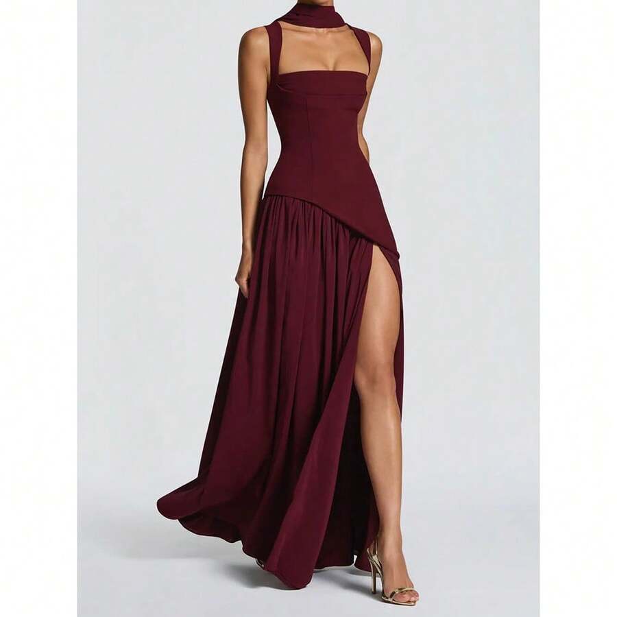 Summer New Women's Fashion Elegant Temperament Long Dress With Slit, Sexy Strap, Solid Color Pleated Gown, Evening Party Date Dress For Women Summer Dresses For Women - Màu Đỏ Sâu - Xem 1
