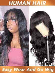 Tóc giả gợn sóng không viền ren phía trước, tóc giả làm từ tóc thật, có mái, dành cho nữ, dễ đội, không cần keo dán, độ dày 180%, tóc thật nguyên chất Brazil. - Natural Black - Xem 4