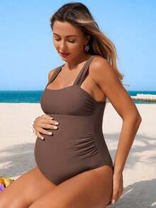 Swim Vcay Maternity Solid Color Fashionable Thick Strap One-Piece Swimsuit 2026 Spring Break Outfits Summer Beach Outfit For Women Vacation Brown  Maternity Swimsuit Maternity One Piece Brown Swimsuit Brown One Piece Swimsuit - 棕色 - 查看 4
