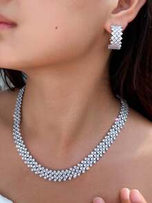 1 Set Shining Round Cubic Zirconia Paved Wide Tennis Choker Necklace And Huggie Hoop Earrings, Silver Plated Wedding Banquet Jewelry Set For Women Brides Bridesmaids Engagement Pageant Party Prom As Gift For Girlfriends - White - View 11
