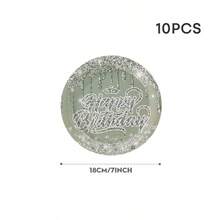 鼠尾草绿银色闪光生日快乐一次性餐具套装，包含9英寸和7英寸纸盘、纸杯和餐巾纸，优雅的鼠尾草绿生日派对用品，饰有皇冠和闪闪发光的图案，非常适合成人派对、里程碑生日、晚宴等场合。 - 多色 - 查看 9