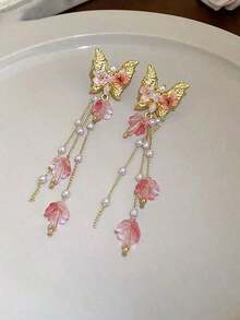 1Pair -Tone Pink Long Butterfly Pearl Tassel Earrings, Suitable For Spring/Summer Outfits - 金粉紅色 - 查看 3