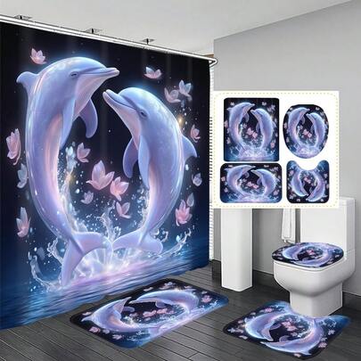 Bộ 1/4 rèm tắm trang trí phòng tắm họa tiết cá heo và hoa mộng mơ, kèm 12 móc treo miễn phí, mang đến không gian nghỉ dưỡng trang nhã. Ngoài ra còn có thảm phòng tắm, thảm chữ U và thảm tròn cho bồn cầu, phù hợp với mọi không gian.