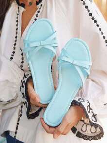 planare Sandal đế bằng mũi tròn kẻ sọc tối giản thời trang mùa hè dành cho nữ, màu vàng, hồng, xanh dương, phù hợp cho mặc hàng ngày, đi nghỉ mát, hẹn hò, đi biển. - Màu xanh lam - Xem 3