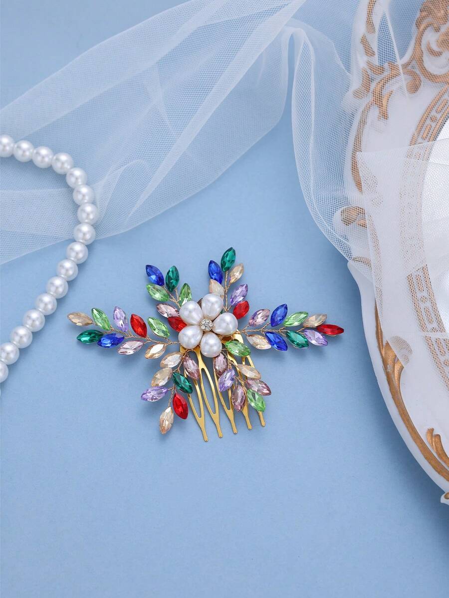 1 chiếc lược cài tóc thủ công đính pha lê và ngọc trai nhiều màu sắc, phụ kiện cài tóc cô dâu thanh lịch cho đám cưới, dạ hội, tiệc tùng. - màu sắc - Xem 1