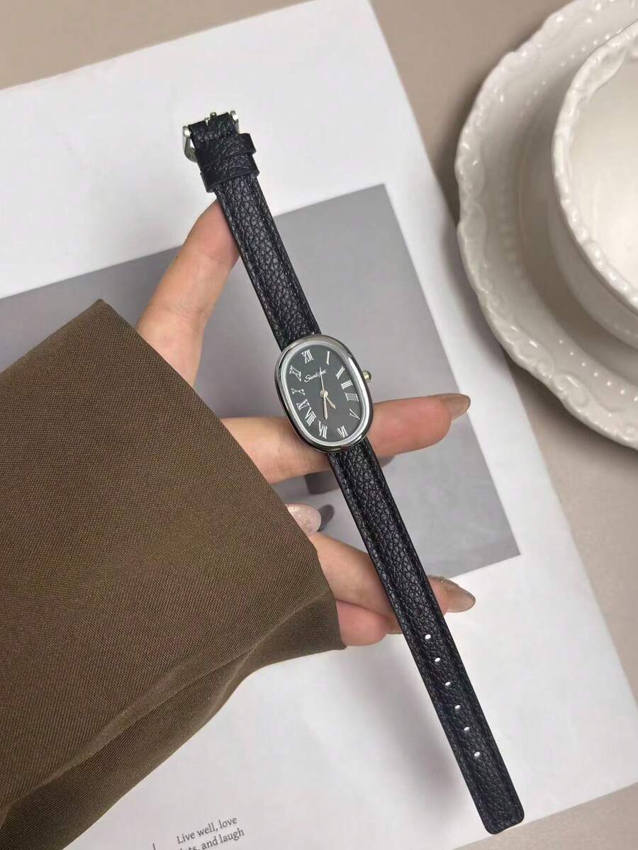复古时尚简约休闲优雅椭圆形表壳PU皮表带女士腕表，精致可爱的小表盘罗马数字显示，适合日常佩戴、生日礼物、派对等场合，是送给自己或朋友的理想之选。不含包装盒。