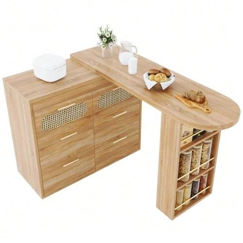 Bar Table With 6 Drawers & PE Rattan Doors, 360° Rotating Standing Table With Anti-Tip Device, Ample Storage Space, Metal Handles, Bistro Table For Living Room, Kitchen, Dining Room, Work Area - 駝色 - 查看 1