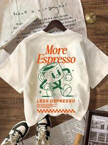 Camiseta de manga corta de cuello redondo informal con gráfico del Club de Café Espresso para mujeres en verano-Vintage Street Style Unisex Loose Cotton Short Sleeve Crew Neck T-Shirt - Blanco 2 - Ver 3