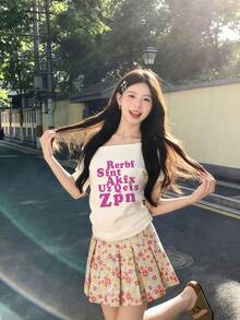 Purple Letter Print Asymmetrical Shoulder Short Sleeve T-Shirt For Women, Casual American Style Loose Fit Asymmetric Shoulder Top, Summer White - White - View 5
