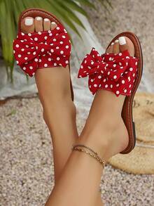 Women's Fashion Flat Slippers, Red And White Polka Dot Bow Decor, Flat Round Toe Open Toe Design, Comfortable For Indoor And Outdoor Wear, Spring/Summer - Red - View 7