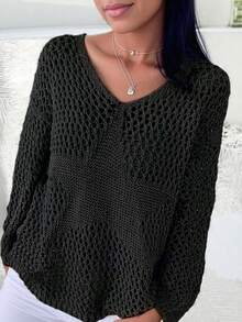 Women's Hollow Out Loose Pullover Sweater, Suitable For Summer Vacation Black - Black - View 2