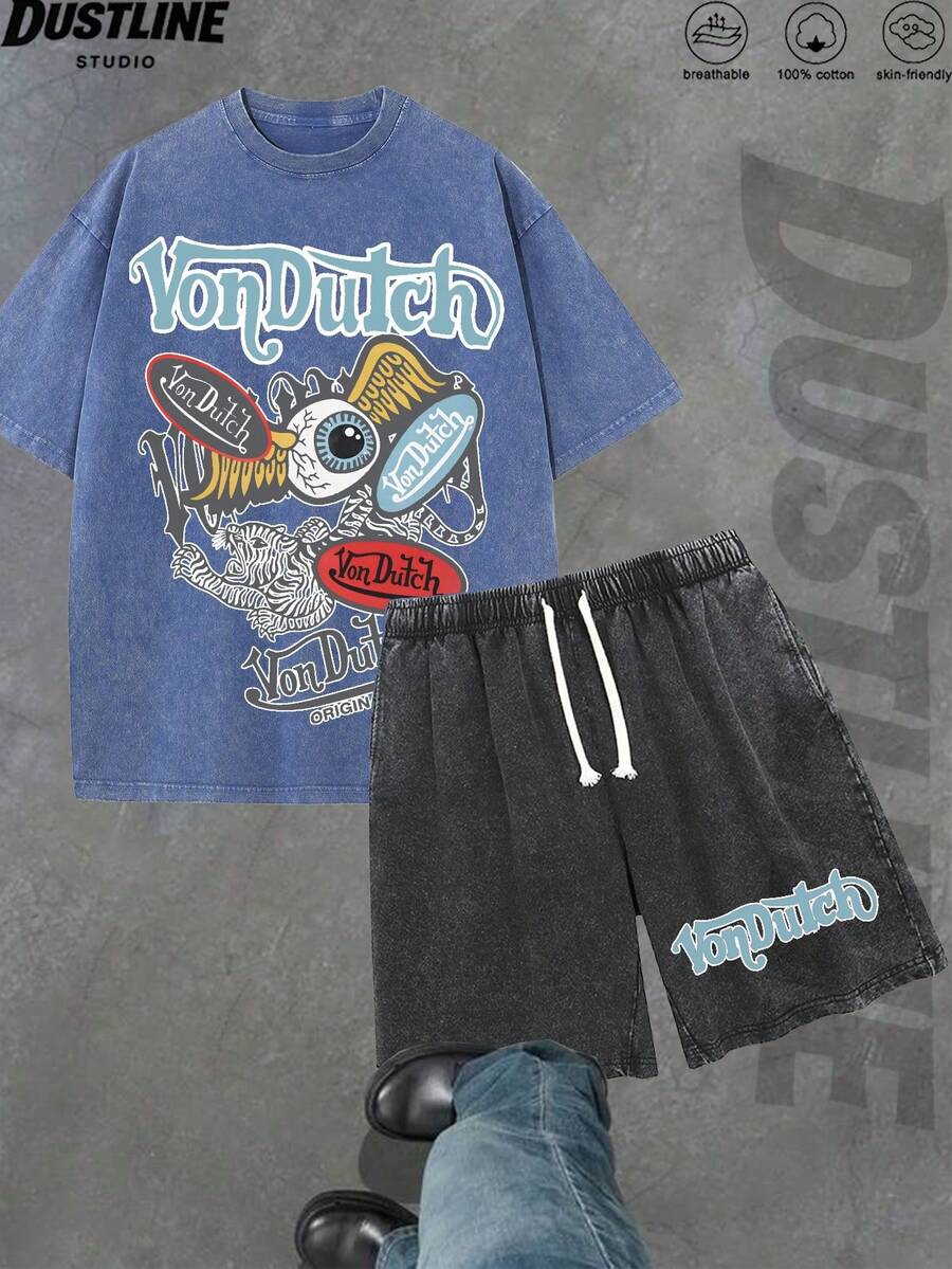Mens Creative T Shirt And Shorts Set American Vintage Full Print Street Wear Essential T Shirt Set Men Graphic T Shirt And Shorts Set Vonn Dutch Logo Print Washed Cotton Breathable Skin Friendly Casual Outfit For Summer Outdoor Activities - Màu xanh lam - Xem 1
