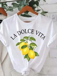 Camiseta de manga corta casual de mujer con estampado de limón, para verano-Vintage Street Style Unisex Loose Cotton Short Sleeve Crew Neck T-Shirt - Blanco - Ver 6