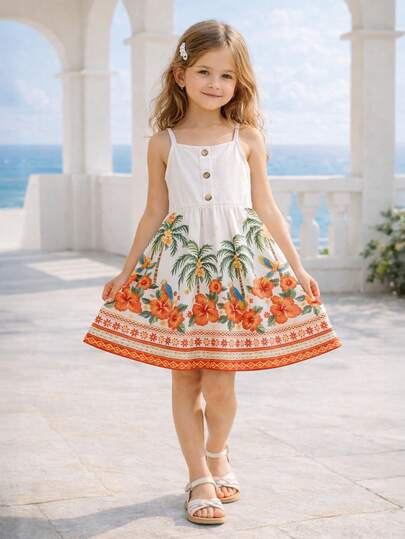 Vestido de playa estilo hawaiano para niñas, vestido floral con volantes en la cintura y tirantes para niñas, conjunto para vacaciones de verano y sesión de fotos