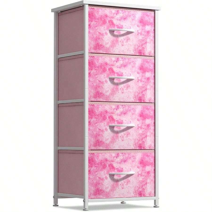 Dresser Storage Tower, Organizer Drawers Closet Boys Girls Bedroom, Bedside Furniture, Chest Home, College Dorm, Steel Frame, Wood Top, Tie-Dye Fabric Bins(4-Drawer, Pink) - 粉紅色紮染 + 4 抽屜 - 查看 1