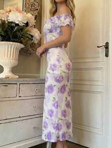 Perirose Vestido formal de fiesta de longitud media con hombros descubiertos, volantes y estampado de rosas amarillas elegante para mujer - Morado - Ver 4