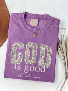 Summer Tops2026 Women's 230g Heavyweight Retro Christian T-Shirt-Vintage "God Is Good" And "It's Always Been Like This" Bible Verse Print, Crew Neck Short Sleeve Casual T-Shirt, Suitable For Church Activities, Casual Fits, Holiday Gifts (Machine Washable)Faith-Themed Clothing, Wax-Print Vintage Style, H-Cut Design, Suitable For All Seasons, Soft And Breathable Fabric, No Padding, Pullover Design, Suitable For Spring And Summer, Whitetops,Valentinesdayfit,Mardigras,Summertops,Clearancesaleforwomen,Valentinefitsforwomen,Womentops,Fairycore,Superbowl,CostumeselegantthewomanLoose And Comfortablesummer Clothes - 淺藍色 - 查看 3