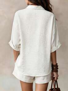 Women's Solid Color Casual Elegant Front Button Shirt Two Pieces Set White Summer - White - View 2