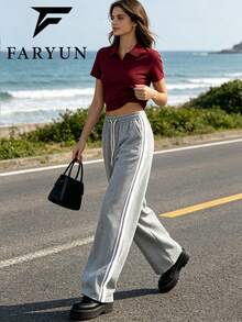 Women's Black Loose Fit Pants, Classic Striped Draping Fabric, Suitable For Commuting And Casual Occasions - Light Grey - View 2