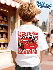 Disney Lightning McQueen, Cars 95 Cartoon T-Shirt, Paired With Black And White Checkered Flag, Full Of Dynamism And Vitality Print Pattern Summer Tops,Short-Sleeved Casual And Cute Style  Children's Clothing Design, Girl Clothes For Kids Clothes ,Ropa Para Niños,Teen Girls Clothes, Summer Clothes,Boys Summer Outfits,Boys Clothes,Perfect For Cool Girls. Comfortable And Breathable Children's Short-Sleeved T-Shirt. Comfortable And Casual Wear All Year Children's Clothes,Comfortable & Lightweight, Iconic Print For Mix-And-Match Outfits,Suitable For Both Boys And Girls. - 白色 - 查看 3