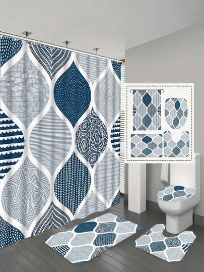 Bộ đồ dùng phòng tắm phong cách Bohemian 1/4 món, bộ rèm tắm họa tiết hình học, bao gồm thảm trải sàn, thảm tắm, nắp bồn cầu hình chữ U, rèm tắm màu xanh trắng kèm 12 móc treo, bộ trang trí phòng tắm.