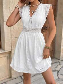 Frenchy Vestido corto casual elegante de mujer de unicolor con contraste de encaje y mangas farol - Blanco - Ver 3