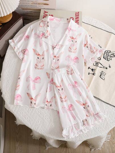 2pcs Girls Sweet Fashion Pink Bow Rabbit Pattern Pajama Set, Collar Short Sleeve Top + Shorts, Casual Comfortable, Suitable For Spring, Autumn, Summer Daily Casual Wear