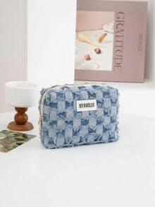 1 pieza/3 piezas Bolsa de cosméticos con estampado a cuadros elegante, bolsa de aseo de viaje con cremallera y borlas, organizador de negocios ligero, esencial de viaje, útiles escolares, set de bolsas de cosméticos de tela suave, cartera y bolso de mano de moda, adecuado para familia, viaje, vacaciones y escuela, esencial para el dormitorio, regalo para dama de honor, regalo del Día de la Madre, regalo de cumpleaños. - Azul - Ver 8