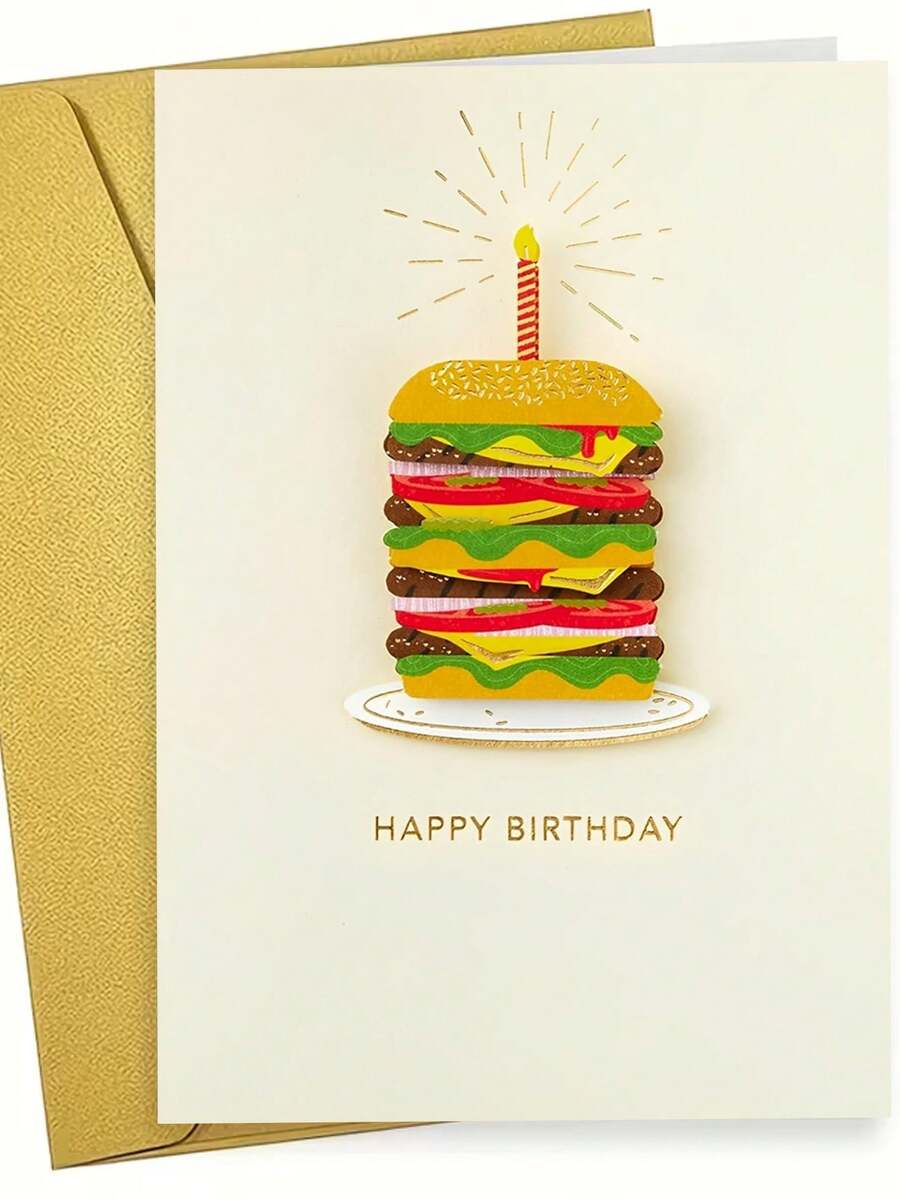 1 chiếc thiệp sinh nhật hình bánh mì kẹp thịt ngộ nghĩnh. Bao gồm phong bì, giấy bìa mịn. Bánh mì kẹp thịt bằng giấy thủ công với nến và đĩa. Hoàn hảo cho những lời chúc sinh nhật thân mật – Chiếc thiệp vui nhộn lý tưởng (12cm/4.7in X 17cm/6.7in) - phong bì màu nâu - Xem 1