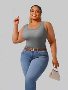 1pc All-Season Plus Size Women's Ribbed Tank Top With Deep U-Back, 2-In-1 Built-In Removable Padded Cups, Slim Fit Innerwear/Outerwear Casual Home Solid Color Base Layer Top - Grey - View 6