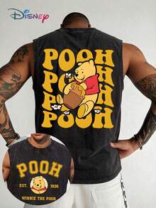 Disney Classic Winnie The Pooh Graphic Men's Vest - 100% Washed Cotton, Front Vintage "EST. 1926" Logo With Pooh Portrait & Back Oversized Repeating "POOH" Letters With Honey Pot Cartoon, Casual Sleeveless Shirt For Daily Wear - 黑色 - 查看 1