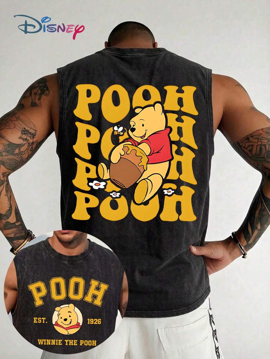 Disney Classic Winnie The Pooh Graphic Men's Vest - 100% Washed Cotton, Front Vintage "EST. 1926" Logo With Pooh Portrait & Back Oversized Repeating "POOH" Letters With Honey Pot Cartoon, Casual Sleeveless Shirt For Daily Wear - 黑色 - 查看 1