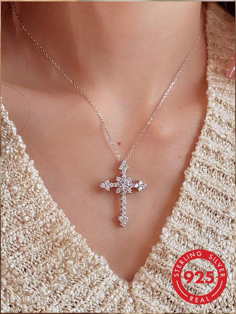 GAGAFEEL 1 chiếc dây chuyền mặt thánh giá bằng bạc 925 cao cấp, sang trọng, đính đá Zirconia sáng bóng, thích hợp cho nữ giới đeo hàng ngày, gặp gỡ bạn bè hoặc làm quà tặng. - Bạc - Xem 1