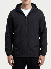 Men's Durable Windbreaker Jacket With Hood And 2 Pockets - 黑色 - 查看 1