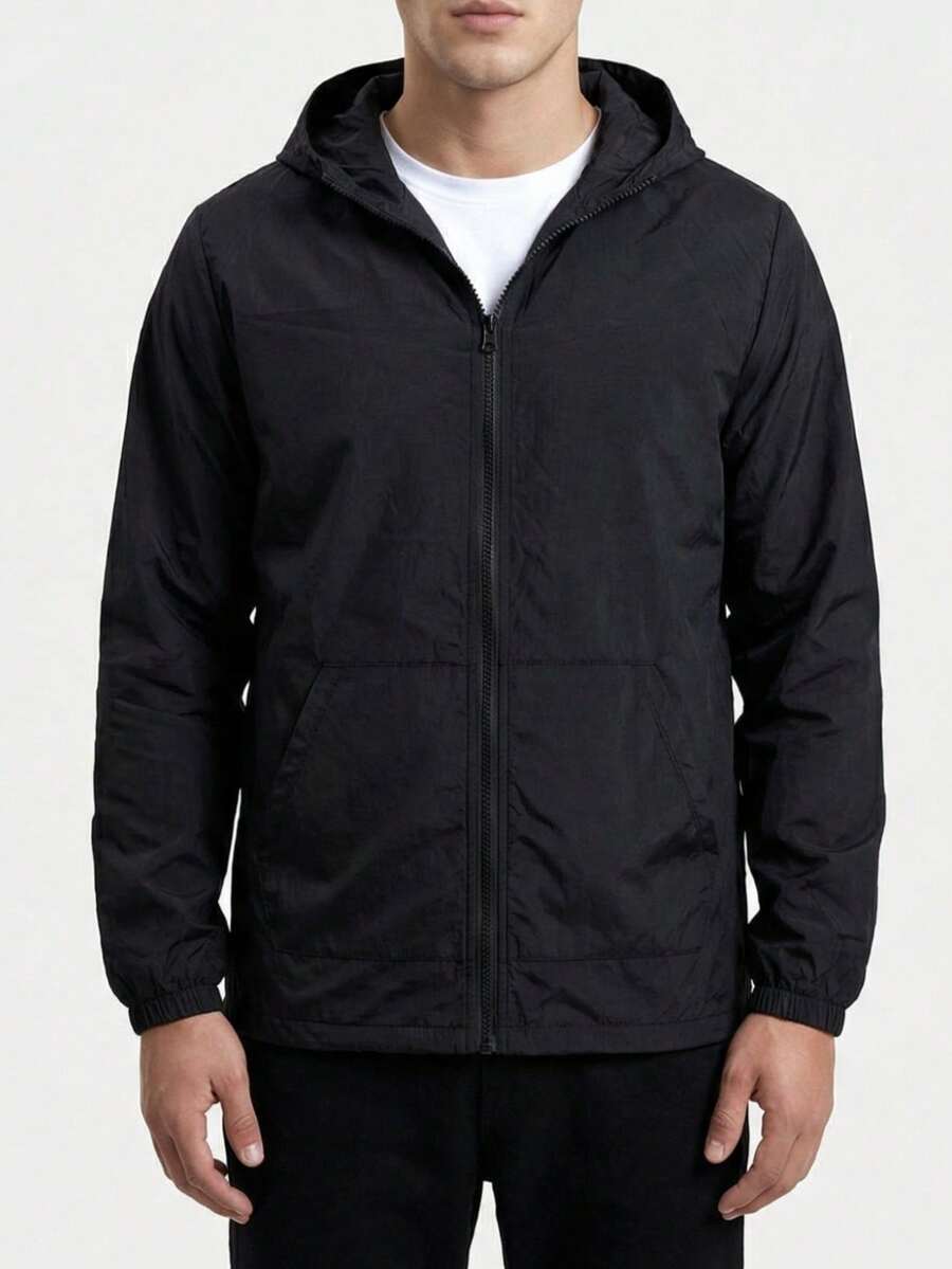 Men's Durable Windbreaker Jacket With Hood And 2 Pockets - 黑色 - 查看 1