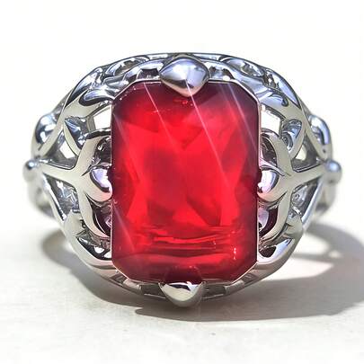 1 chiếc nhẫn hợp kim hình chữ nhật sang trọng kiểu cổ điển, đính đá Cubic Zirconia đỏ, thích hợp làm quà tặng cho nữ nhân dịp Lễ Tình nhân, sinh nhật, đám cưới, kỷ niệm hoặc đeo hàng ngày.
