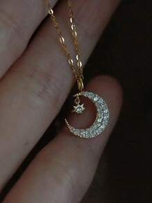 HOTNICE 1 Chiếc - Dây chuyền mặt trăng và sao, mặt dây chuyền đính đá Cubic Zirconia tinh tế, món quà trang sức thích hợp cho phái nữ đeo hàng ngày. - vòng cổ - Xem 1