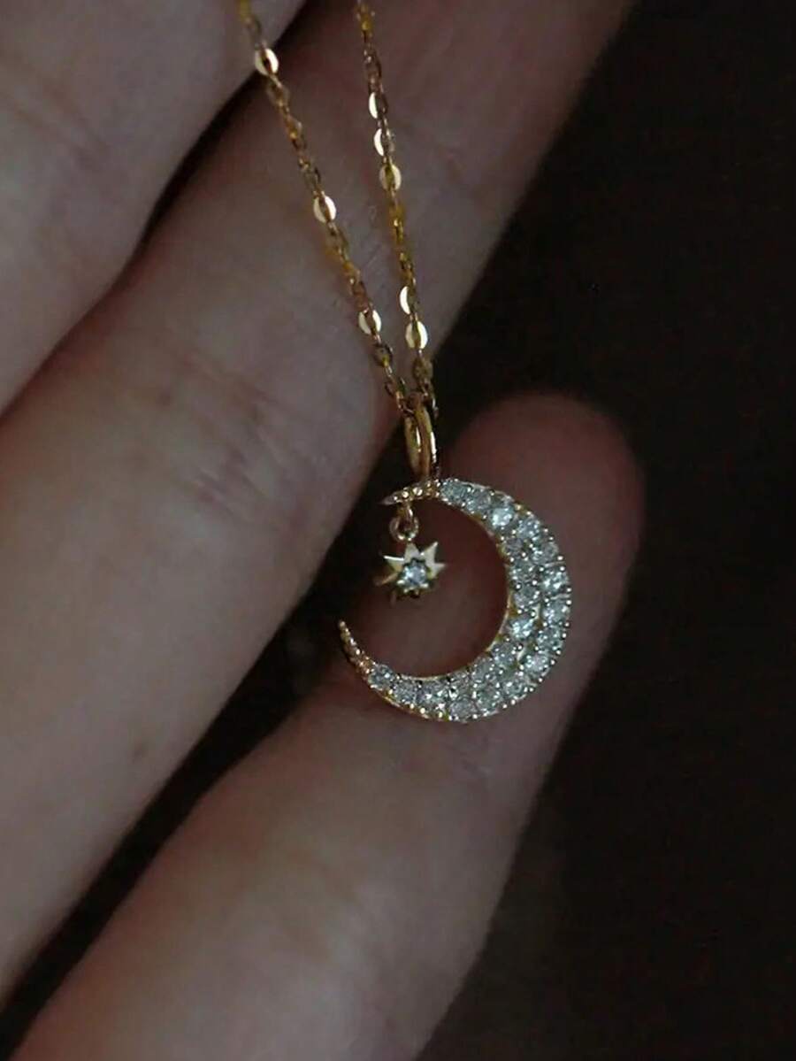 HOTNICE 1 Chiếc - Dây chuyền mặt trăng và sao, mặt dây chuyền đính đá Cubic Zirconia tinh tế, món quà trang sức thích hợp cho phái nữ đeo hàng ngày. - vòng cổ - Xem 1