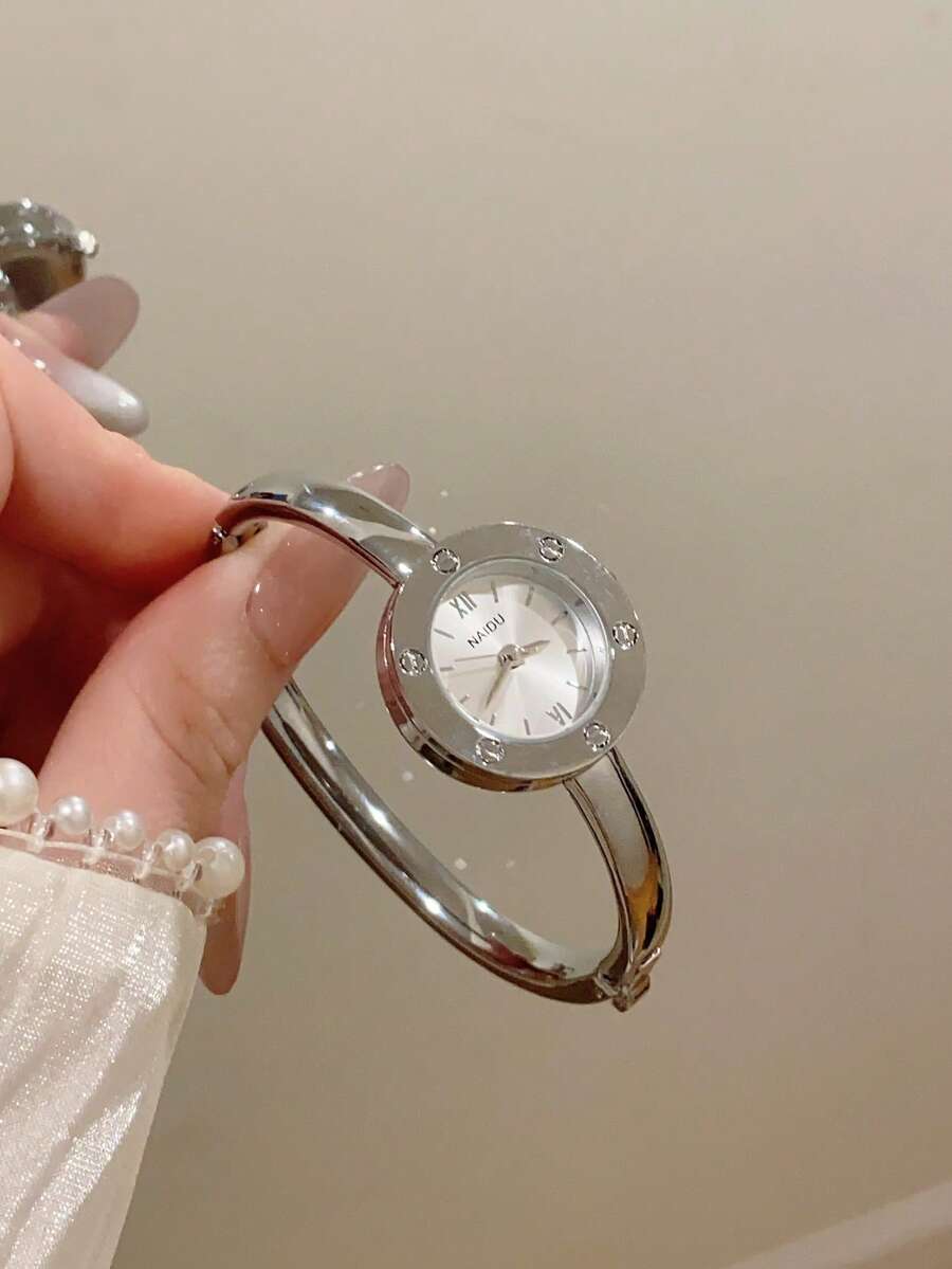 1pc Petite Gold/Silver Vintage Luxury Women's Quartz Watch, Fashionable Minimalist Elegant For Daily Wear, Birthday Gift - 銀色 - 查看 1